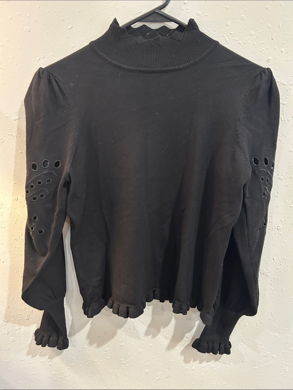 Black Eyelet Sleeve Mock Neck Women's Top